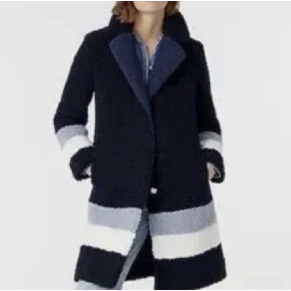 J CREW Colorblock Ariana Sherpa Teddy Coat Small Navy Blue AQ410 &298
